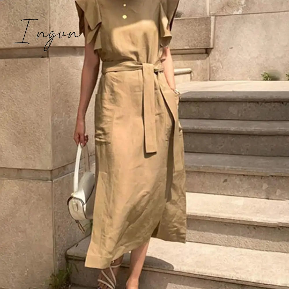 Ingvn - Sexy Sleeveless Summer Dress Sexy Ruffle Maxi Long Dress With Belt Women Bohemian Sundress Party Vestido Autumn Robe