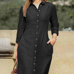 Ingvn - Casual Shirt Dress Women Turn-Down Collar Long Dresses Office Ladies Single Breasted Maxi Dress Party Dresses Vestidos Robe