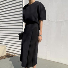 Summer Korean Skirt Suits Women Two Piece Set Short Sleeve O-neck Top + High Waist Long Pleated Skirt 2 Piece Outfits Elegant