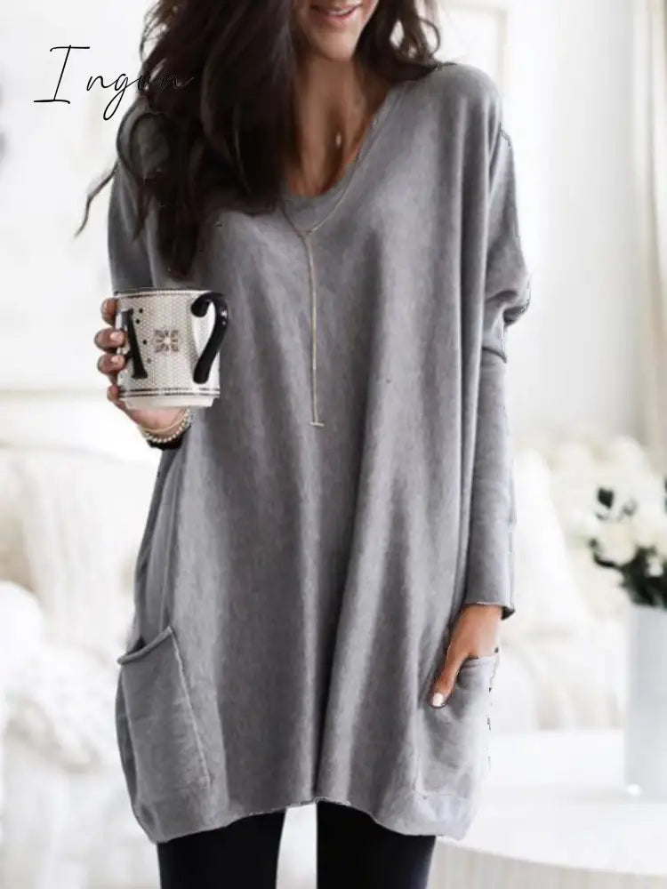 Ingvn - Casual Pockets Long Sleeve Solid Tops