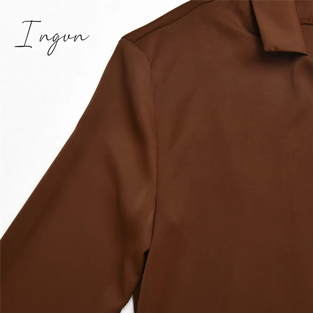 Ingvn - Turn-down Collar Button Women Two Piece Set Brown Long Sleeve Top High Waist Skirt Women Autumn Sexy Slim Office Outfits