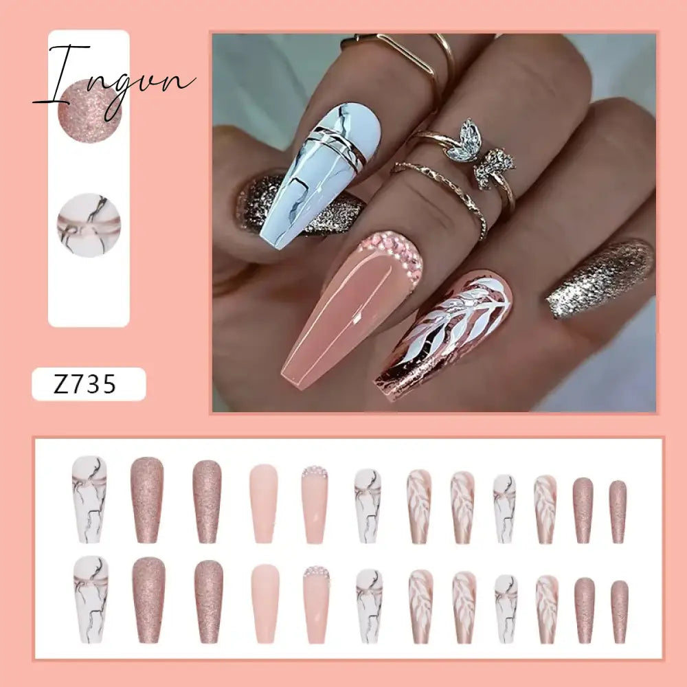 24pcs/Box Gradient Nail Art Patches False Nails Short Square Nail Blue Starry Glitter Teardrop Diamond Fake Nail Tips