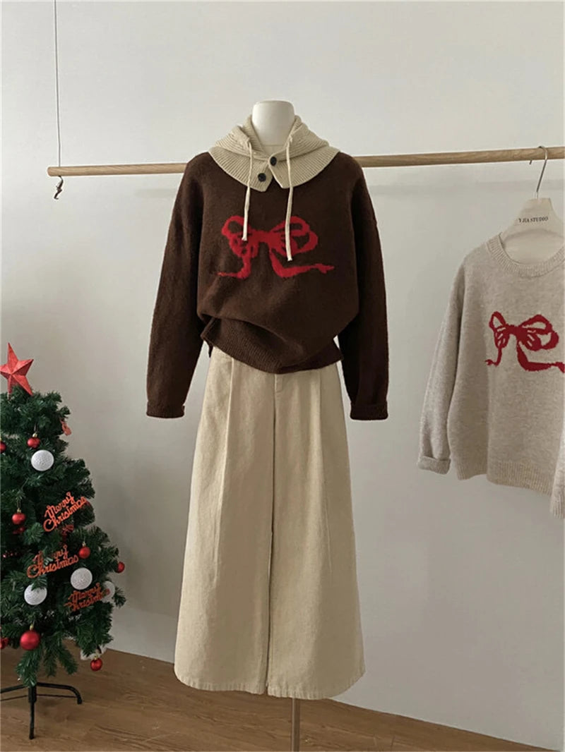 Sweet Knitted Sweater Women Oversized Bow Embroidery Pullover Korean Fashion Casual Jumper All-Match Autumn Winter High Street
