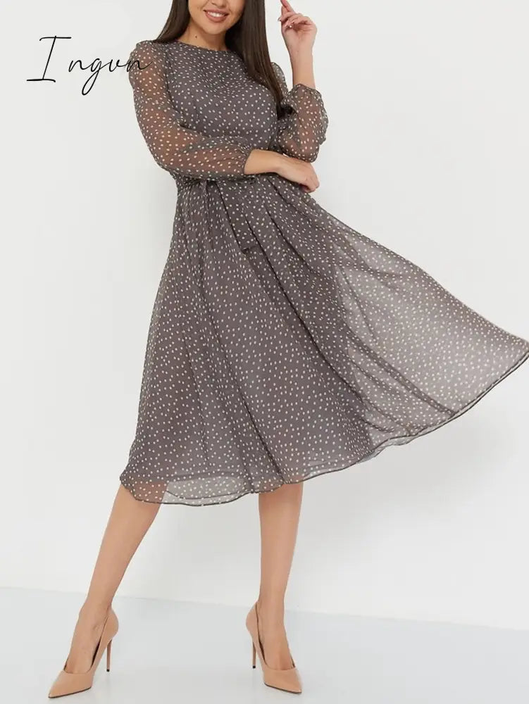 Ingvn - Summer Outfits Fashion Trends Elegant Dot Print Long Sleeve Polka Dress O Neck Chiffon A Line Women Casual Dress Vintage Midi Vestidos