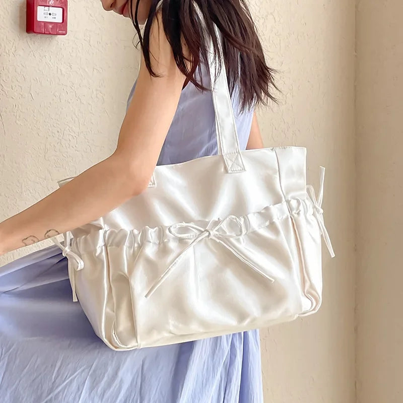 Ingvn  Elegant Bow Womens Shoulder Bag Nylon Pleated Korean Style Fashion Tote Bag Large Capacity Cute Pink Sweet Female Handbag