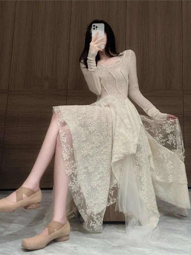 French Elegant Women's Vintage Dress Autumn Winter New Irregular Lace Splicing Evening Long Bridesmaid Party Dress