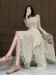 French Elegant Women's Vintage Dress Autumn Winter New Irregular Lace Splicing Evening Long Bridesmaid Party Dress