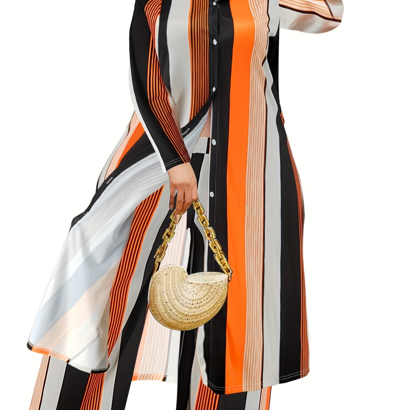 Plus Size Fashionable Outfits Set, Women's Plus Striped Button Up Long Sleeve Shirt Dress & Wide Leg Pants Outfits Two Piece Set