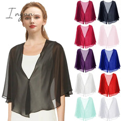Ingvn - Womens Fashion Women Black Chiffon Bolero Prom Party V-neck with Button Shrug Elegant Simple Soft Casual Cape for Lady Evening Dress Red White