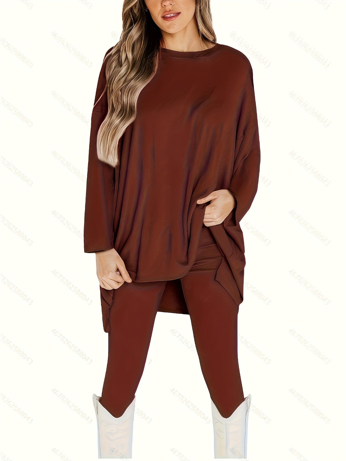 Plus Size Casual Outfits Set, Women's Plus Solid Long Sleeve Round Neck Oversized Top & Leggings Outfits Two Piece Set