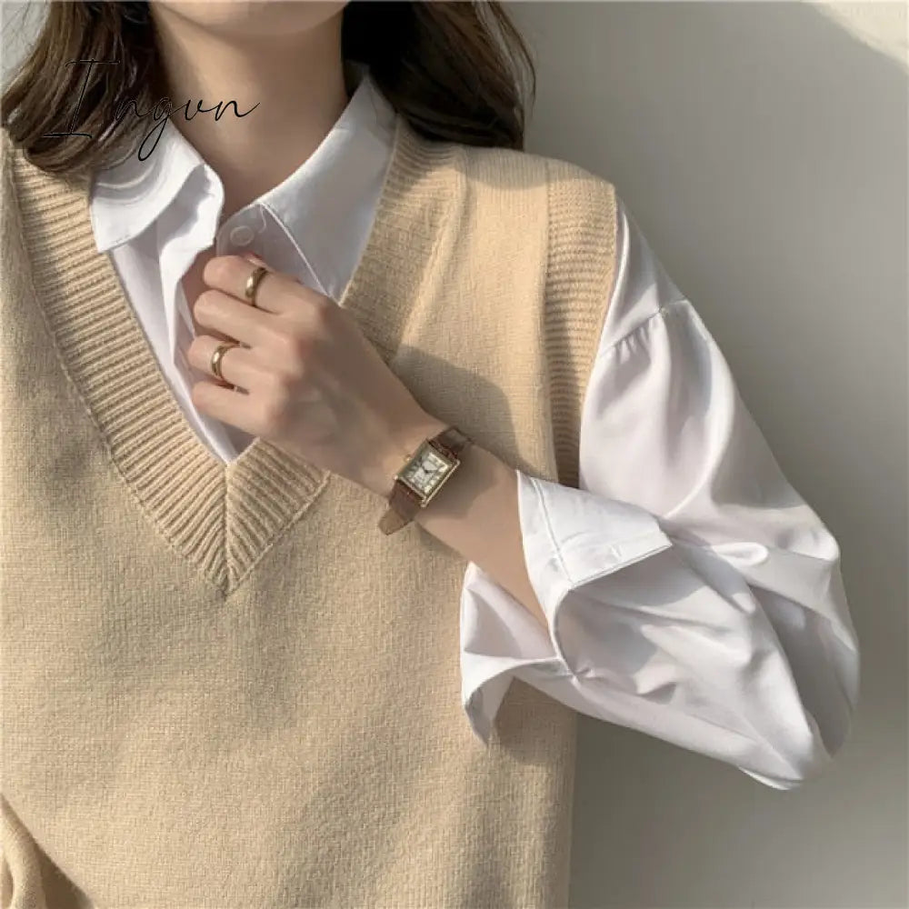 Ingvn - Autumn Women's Sweater Vest V-neck Sleeveless Irregular Casual Loose Knitted Pullover Tops Female Outerwear