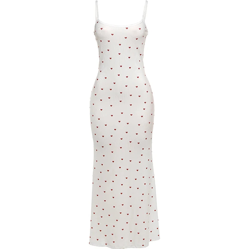 Elegant Heart Print Ribbed Maxi Dress Women Summer Y2K Trend Square Collar Backless Robe Daily Casual Fashion Outfits