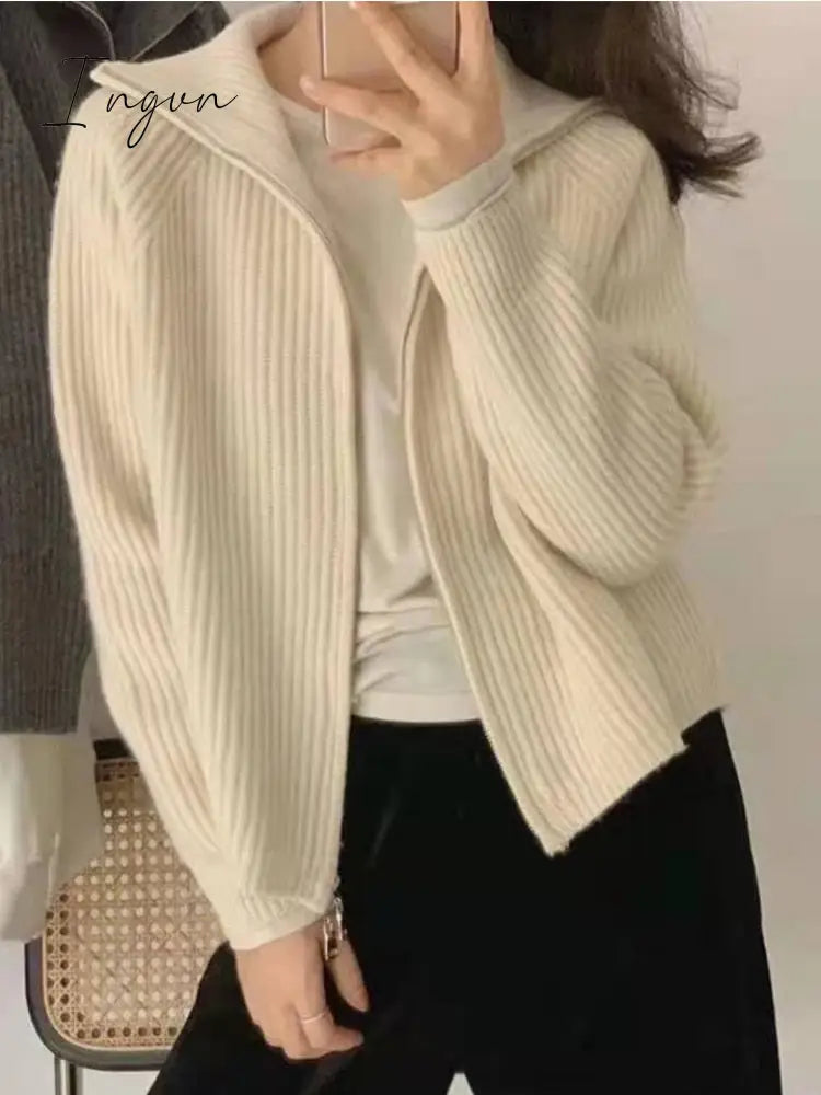 Ingvn - Deeptown Casual Knitted Cardigan Sweaters Women Autumn Vintage Zip-up Solid Loose Long Sleeve Tops Knitwear Chic Kpop