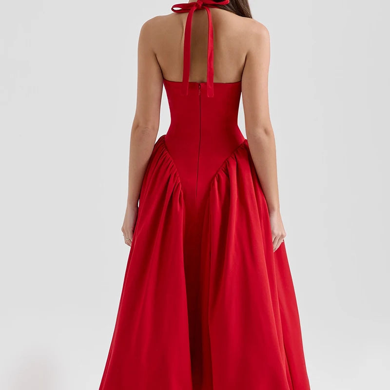Red Elegant Slim Evening Party Dresses For Women Sexy Backless Low Waist  A-line Midi Long Halter Dress Cotton Robe
