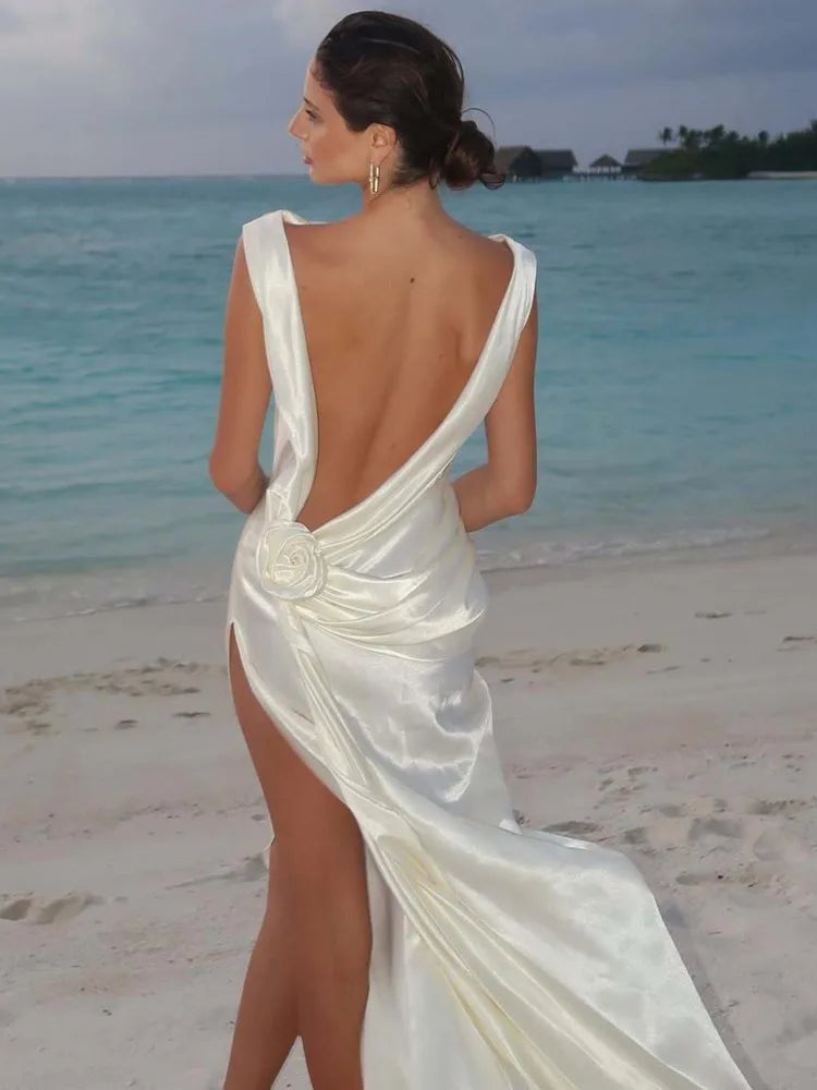 Satin Backless Sexy Maxi Dress For Women Elegant Rose Thigh High Split Beach Holiday Long Dress Gorgeous Club Gown