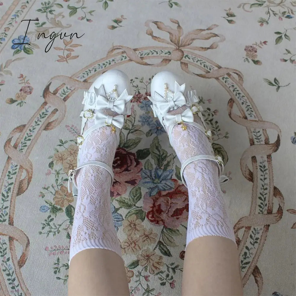 Ingvn - Sweet Lolita Shoes Vintage Round Head Middle Heel 3-5cm Women Shoes Cute Bowknot Cross Bandage Kawaii Shoes Loli  Kawaii Girl