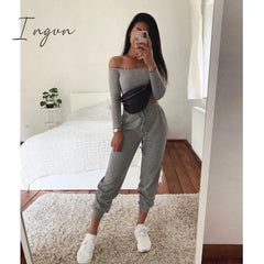 Ingvn - Summer New Women's Wear Collar Shoulder Sports Suit Nine-Minute Sleeve Tight Belt Trousers Gray Two-Piece Pants