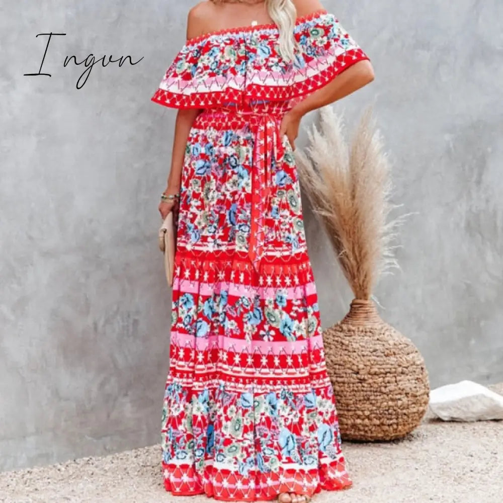 Ingvn - Summer Women's Dress White Floral Dress Off The Shoulder Long Dress Female Streetwear Casual Elegant Party Dresses Ladies