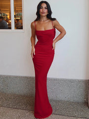 Spaghetti Strap Backless Sexy Maxi Dress Women Gown Summer New Fashion Solid High Waist Evening Beach Club Long Dress