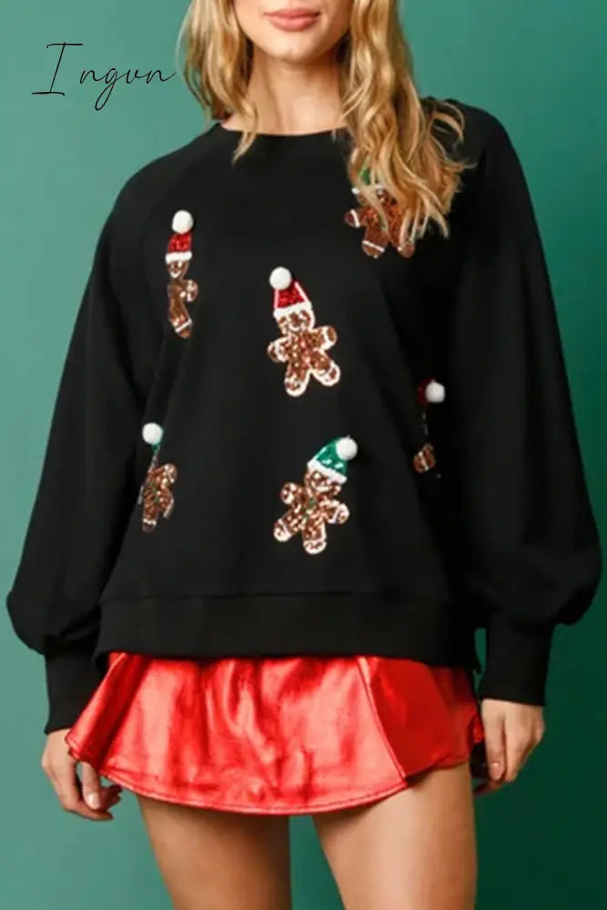 Ingvn - Casual Sweet Santa Claus Sequins Patch O Neck Tops