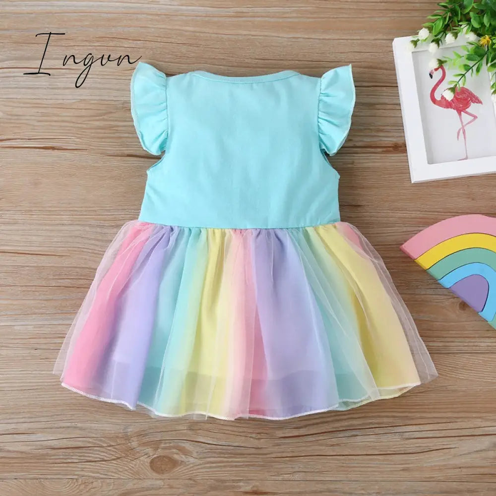Ingvn - New Summer Baby Girls Tutu Dress Children Party Little Girl Kids Clothes Flying Sleeve Princess Rainbow Patchwork Outfits Dress