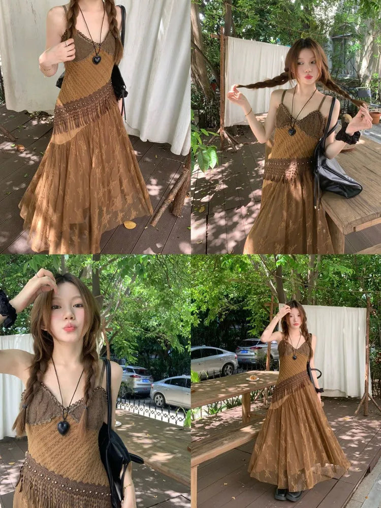 Korean style Ethnic Irgular Spaghettic Strap Fairy Boho Hippie Dress Women Tassel Mesh Stitching Spice Summer Beach Slim Dress