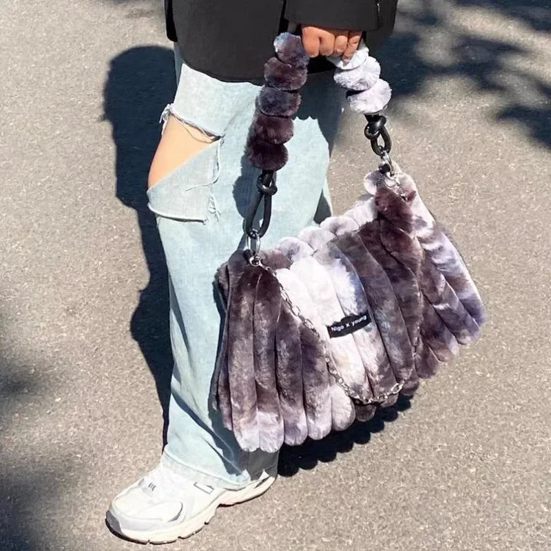 Ingvn  Tie-dye Womens Tote Bag Athletic Plush Chain Autumn and Winter Shopper Shoulder Bag Fluffy Large Capacity Ladies Handbag