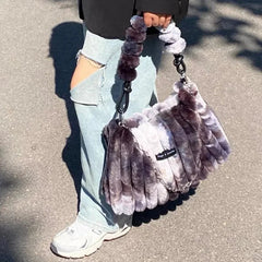 Ingvn  Tie-dye Womens Tote Bag Athletic Plush Chain Autumn and Winter Shopper Shoulder Bag Fluffy Large Capacity Ladies Handbag