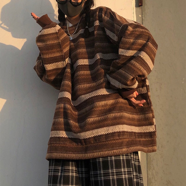 Voguable Pullover Women Vintage Striped Sweater Oversize Long Sleeve Couples Knitted Tops Hip Hop Fashion Streetwear Pullover Female