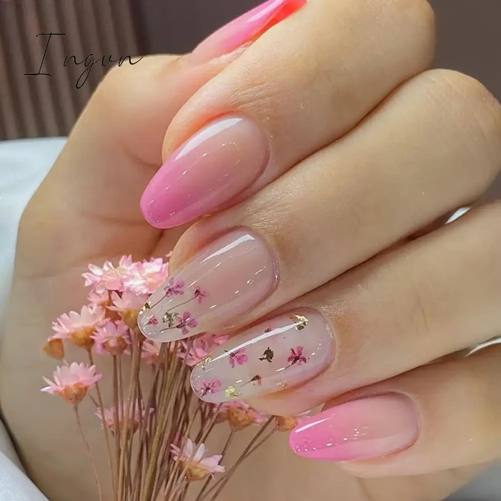 24pcs Short Almond False Nails Flower Pattern Oval Fake Nails Press on Nails Full Cover Wearable Manicure Acrylic Nail Tips