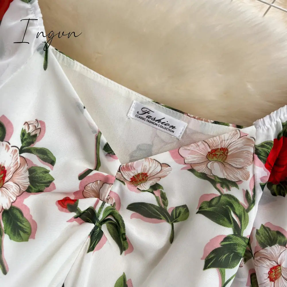 Ingvn - Summer Outfits Ladies French Retro V-neck Floral Women Dress Elegant Draped Flowers Short Puff Sleeves Slim Fairy Mid-calf A-line Dress