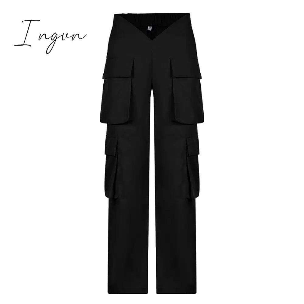 Ingvn - Vintage Y2k Cargo Pants Women Elastic High Waist Big Pockets Baggy Casual Capris Aesthetic Autumn Jogger Sweatpants