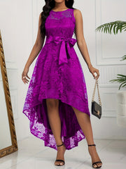 Lace High Low Hem A-line Dress, Elegant Sleeveless Tie Waist Dress For Party & Banquet, Women's Clothing For Party Dressing