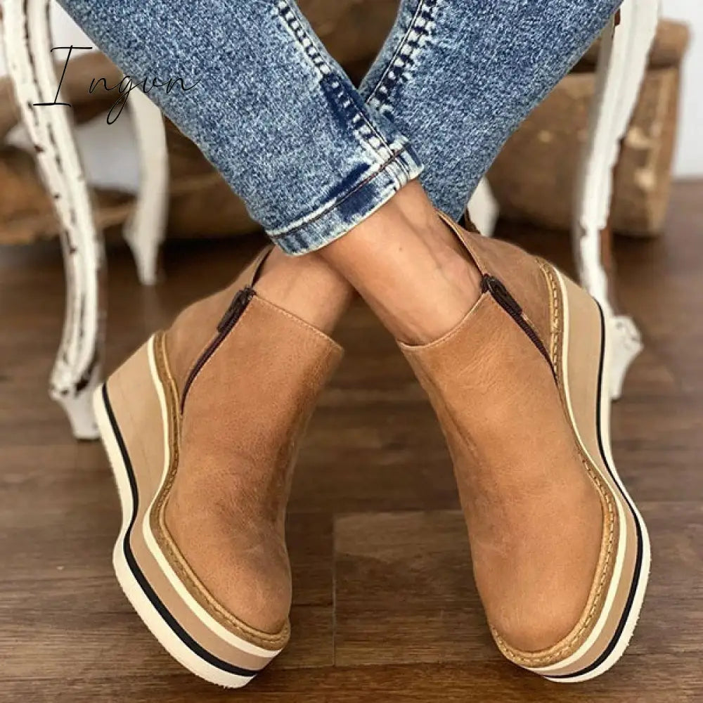 Ingvn - Women Solid Color Wedge Ankle Boots