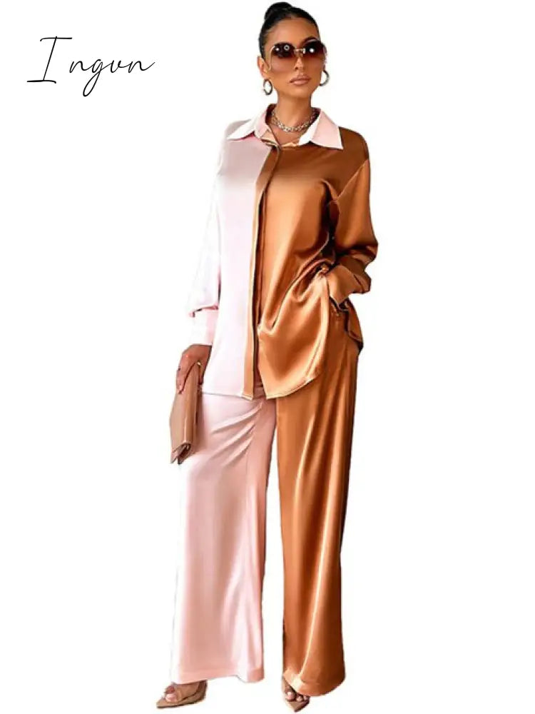 Ingvn - Women Elegant Satin Two Piece Sets Casual Feamle Solid Loose Outfits Long Sleeve Shirt And Wide Leg Straight Pants Suits