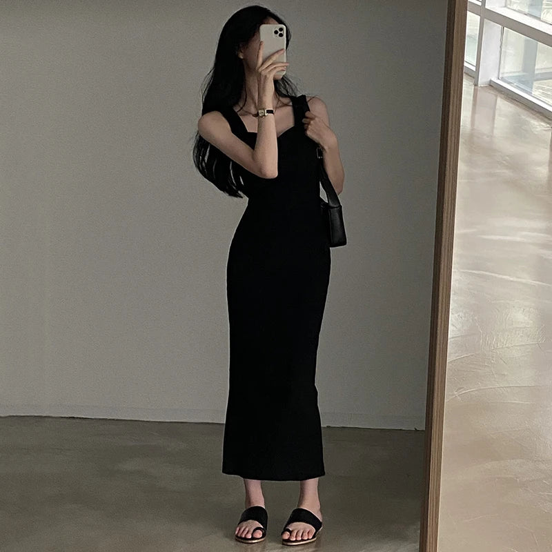 Basic Knit Long Dress Korean Fashion Square Collar Sleeveless Women's Dresses Summer Casual Y2k Vintage All-match Outftis
