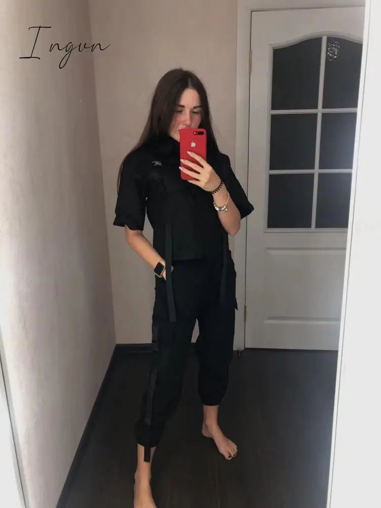 Ingvn - Spring Womens Fashion Autumn Streetwear Pants High-Waist Straight Ribbon Cargo Pants Student Loose Short-Sleeved Shirt with Tie two-piece Set