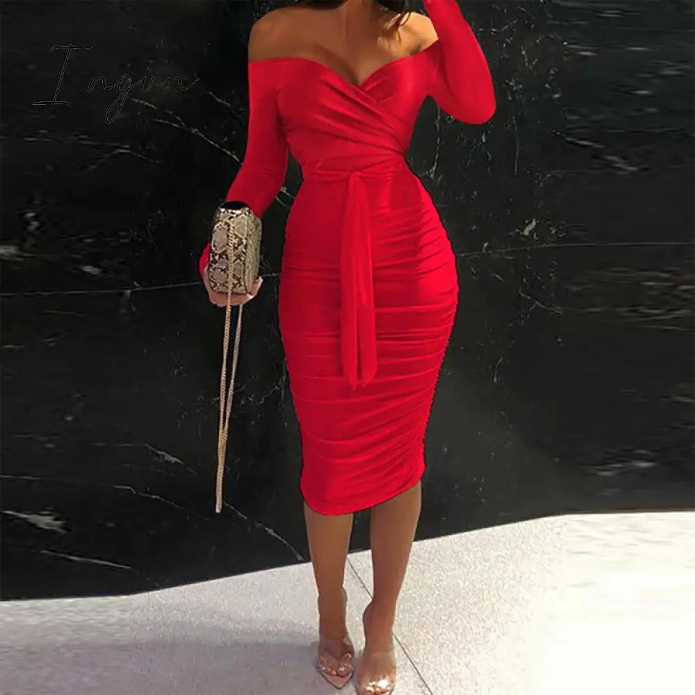 Ingvn - Women Clothing Asymmetric Collar High Waist Robe Slit Dress Chic Solid Short Sleeve Elegant Fashion Prom Banquet Dress New