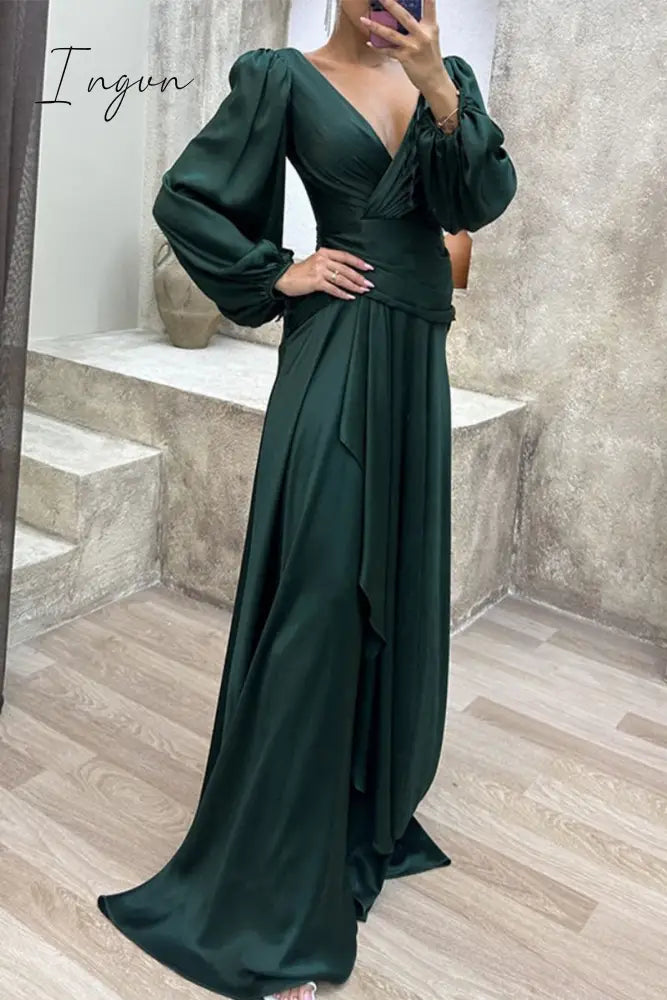 Ingvn - Elegant Formal Solid Fold V Neck Evening Dresses(3 Colors)
