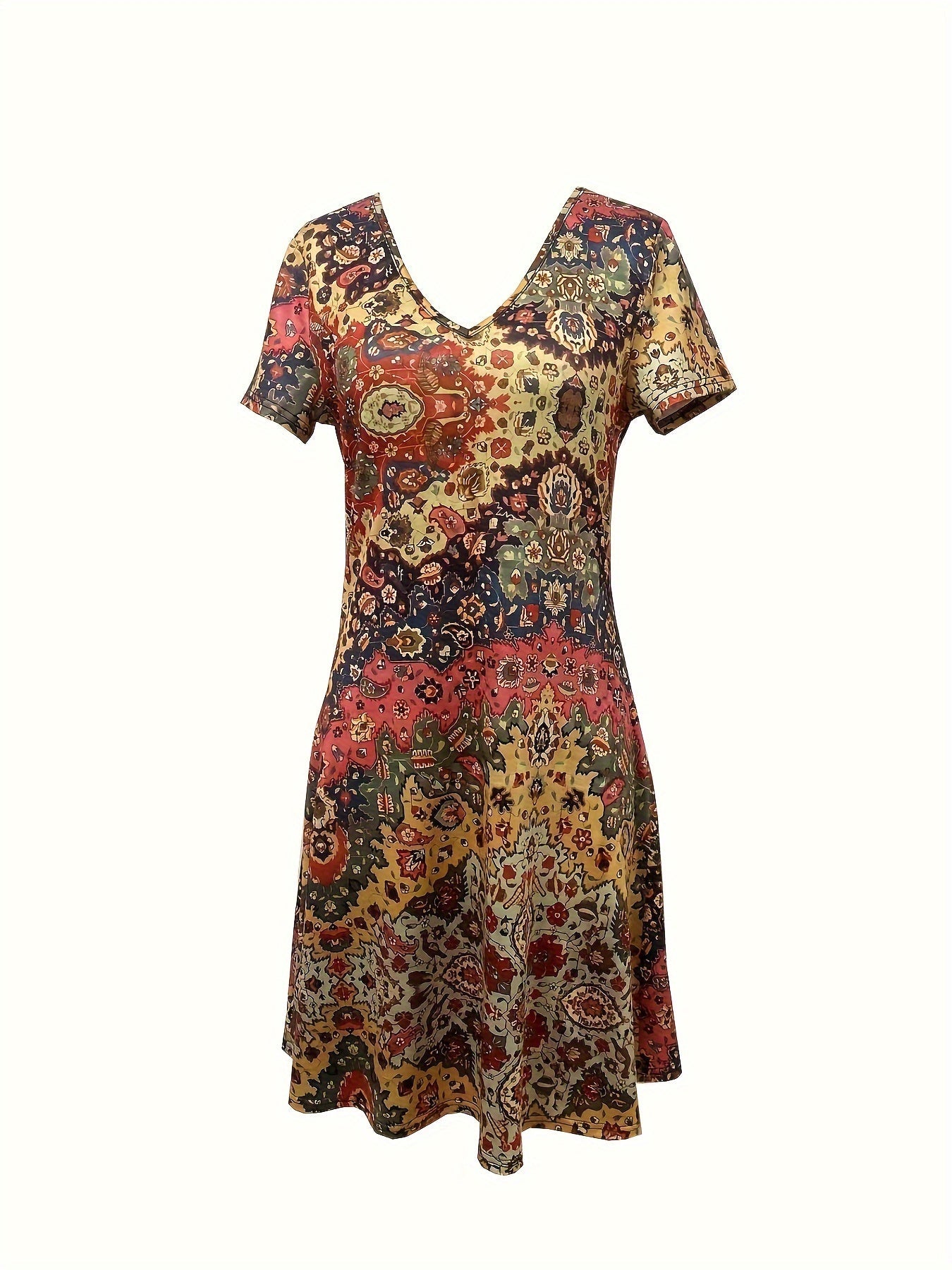 Boho Chic V-Neck Dress - Vibrant Floral Print - Comfy Short Sleeves - Perfect for Spring & Summer Fashion
