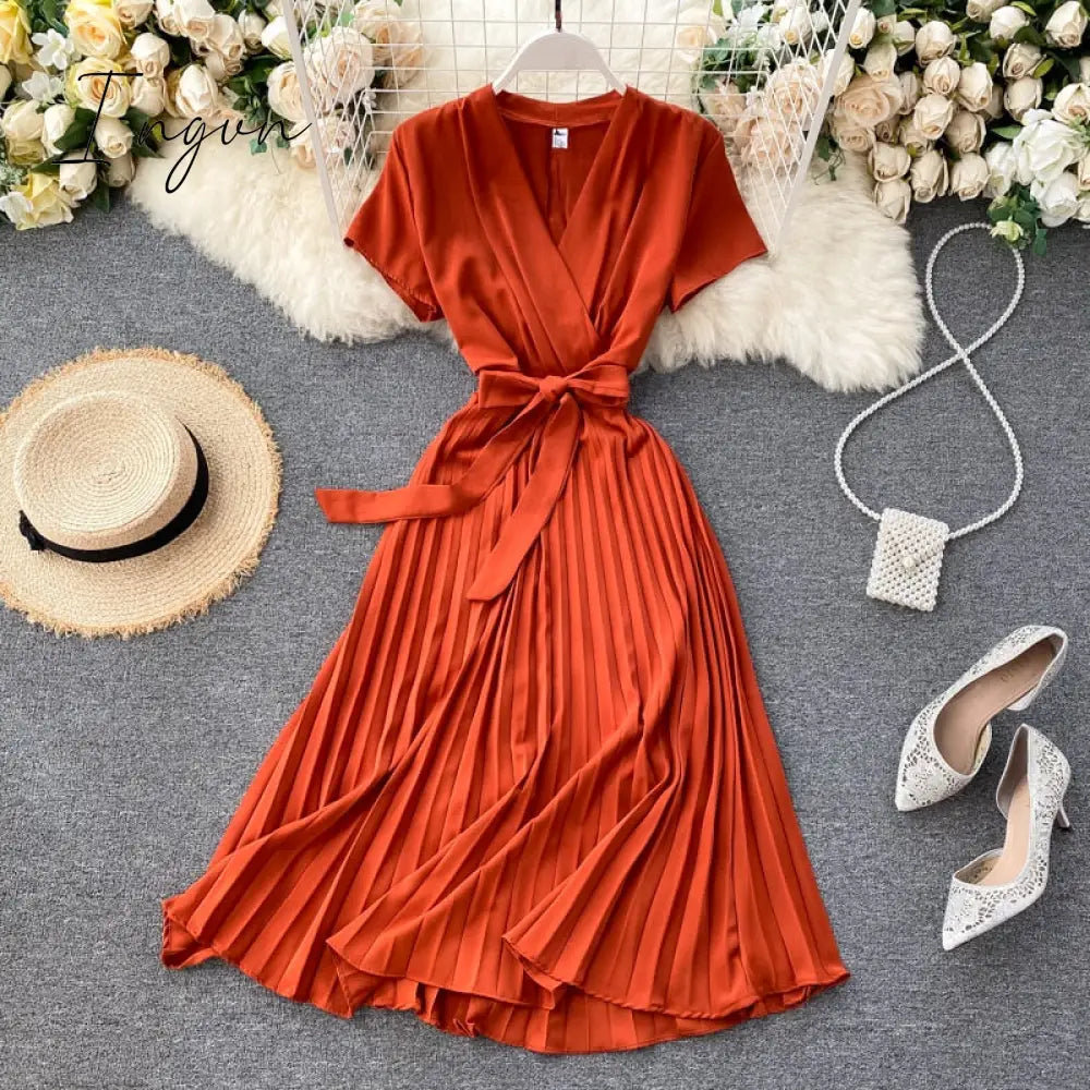 Ingvn - High Quality Solid Pleated Dress Women V neck Short Sleeves Sashes Long Dresses Summer Streetwear Vintage Vestidos