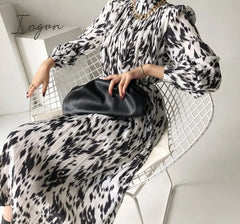 Ingvn - Spring New Stand Collar Women Full Sleeve Dress Elegant Hit Color Female Lace-up Printed Midi Dress Vestidos