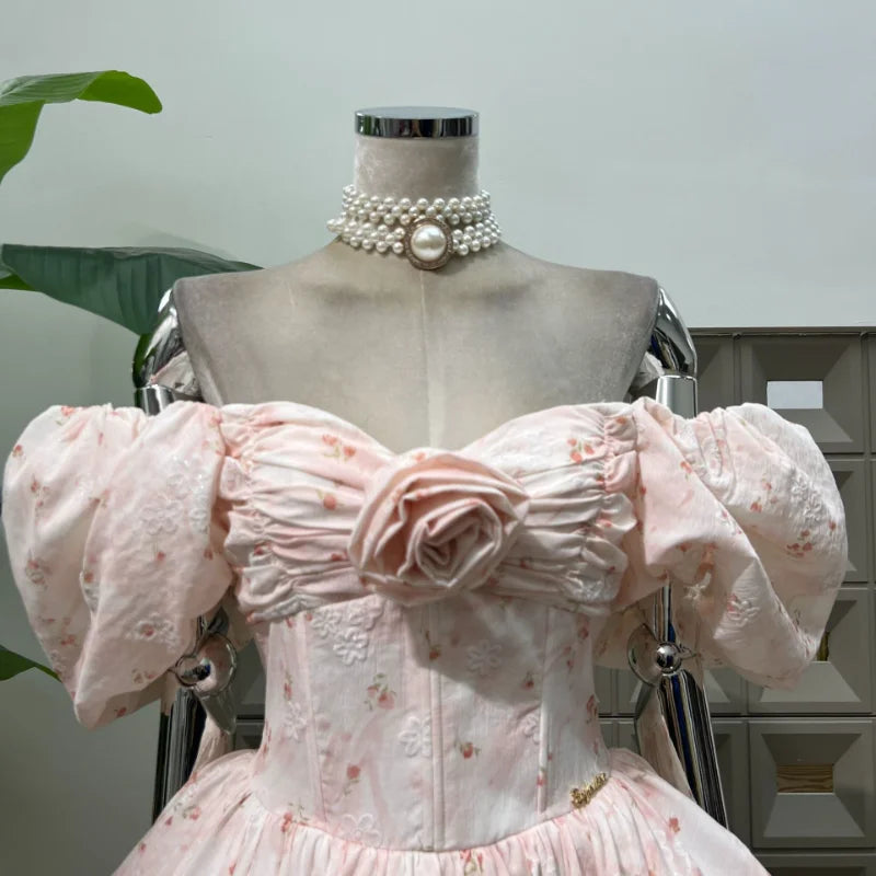French Spliced Appliques Sweet A Line Dresses For Women Slash Neck High Waist Printing Lace Backless Dress Female Fashion