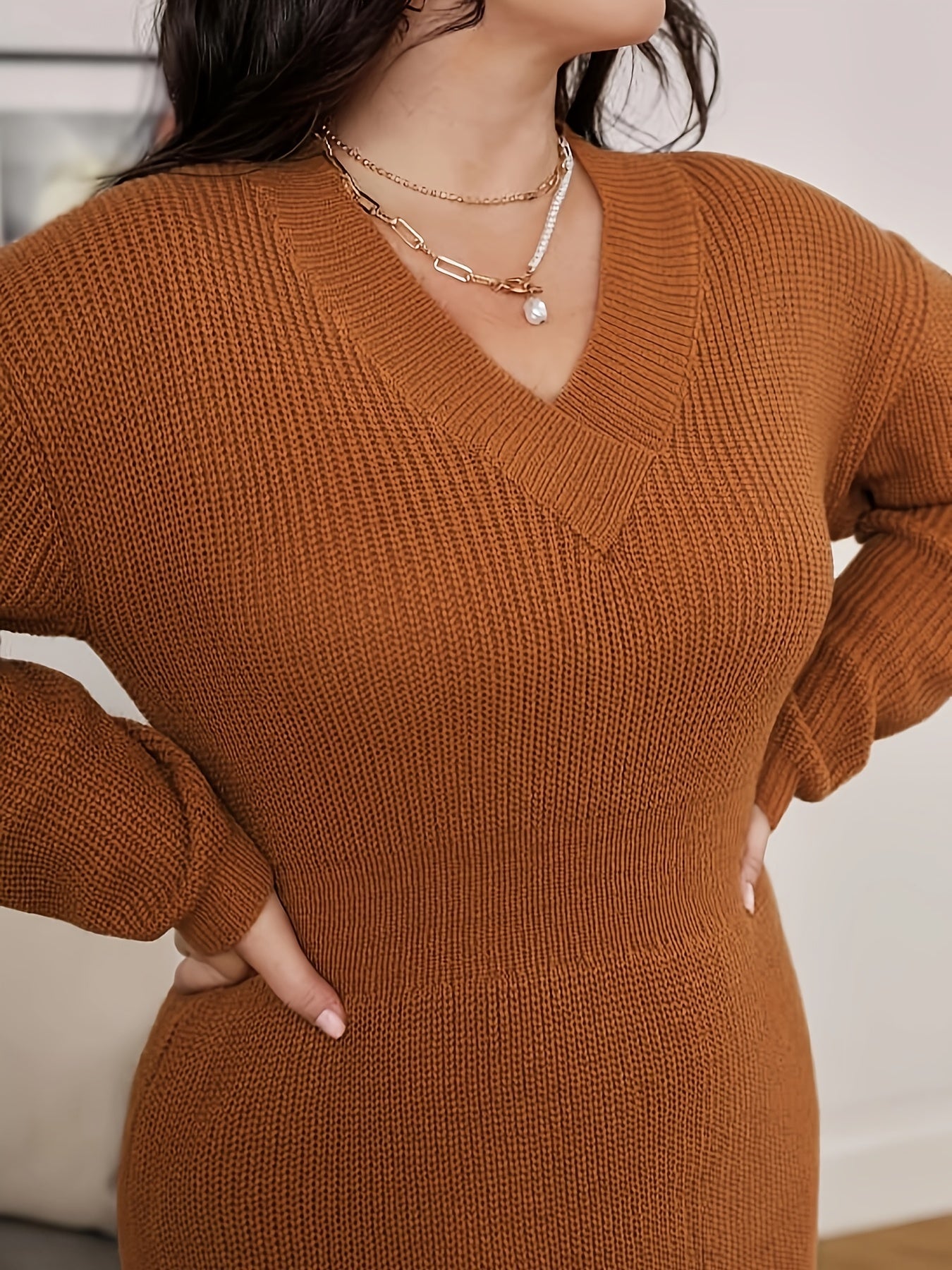 Simple Solid Midi Dress, Casual V Neck Long Sleeve Dress, Women's Clothing