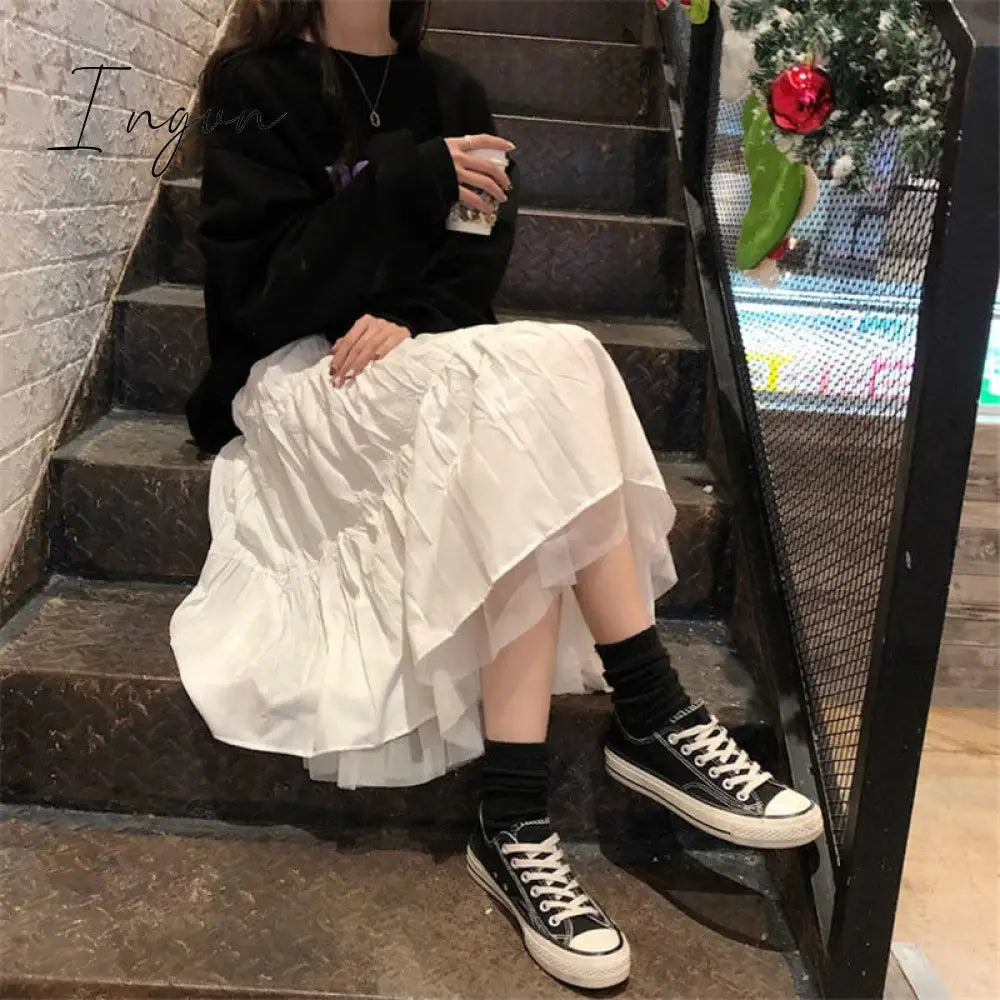 Ingvn - Long Tulle Midi Skirts Womens Autumn Elastic High Waist Mesh Tutu Pleated Skirts Female Black White Long Skirt Streetwear