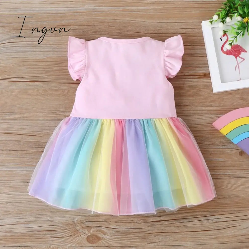 Ingvn - New Summer Baby Girls Tutu Dress Children Party Little Girl Kids Clothes Flying Sleeve Princess Rainbow Patchwork Outfits Dress