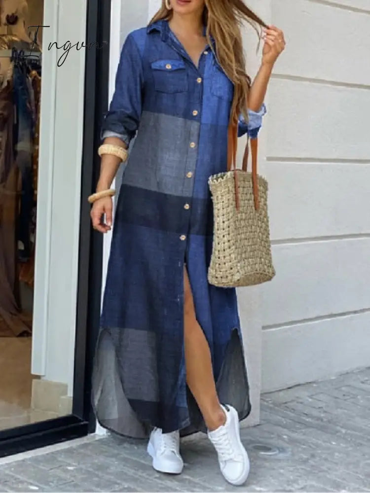 Ingvn - Long Sleeve Dress Checked Plaid Robe Maxi Beach Dress Summer Elegant Women Button Long Shirt Dress Split Print Lapel Party Robe