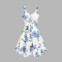2025 Women's Beach Dresses Floral Print Vacation Sundress Garden Party Dress Summer Ruffled Bowknot Mini Dress