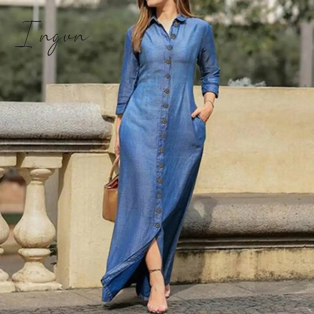 Ingvn - Casual Shirt Dress Women Turn-Down Collar Long Dresses Office Ladies Single Breasted Maxi Dress Party Dresses Vestidos Robe