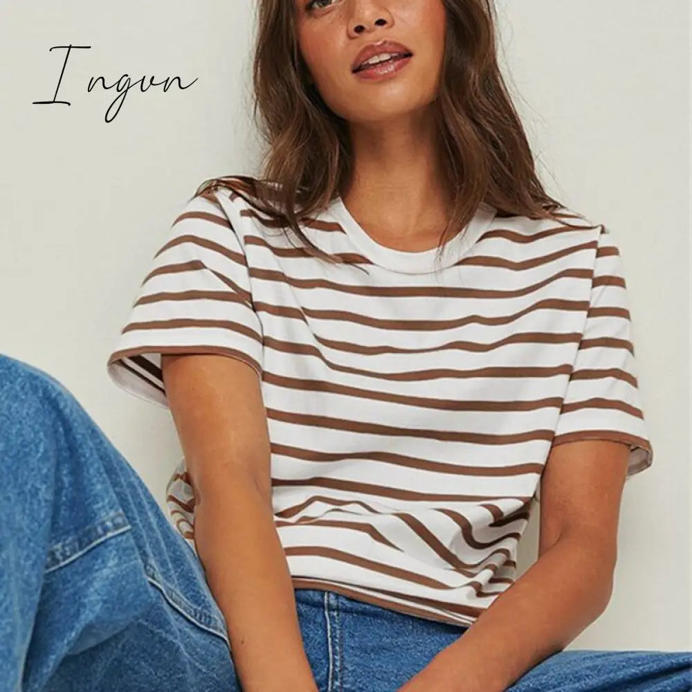 Ingvn - Ladies Loose Cotton Summer Short Sleeve O Neck Striped Basic T-Shirts Women T Shirt Casual Cozy Tee Tops Harajuku Shirt Female